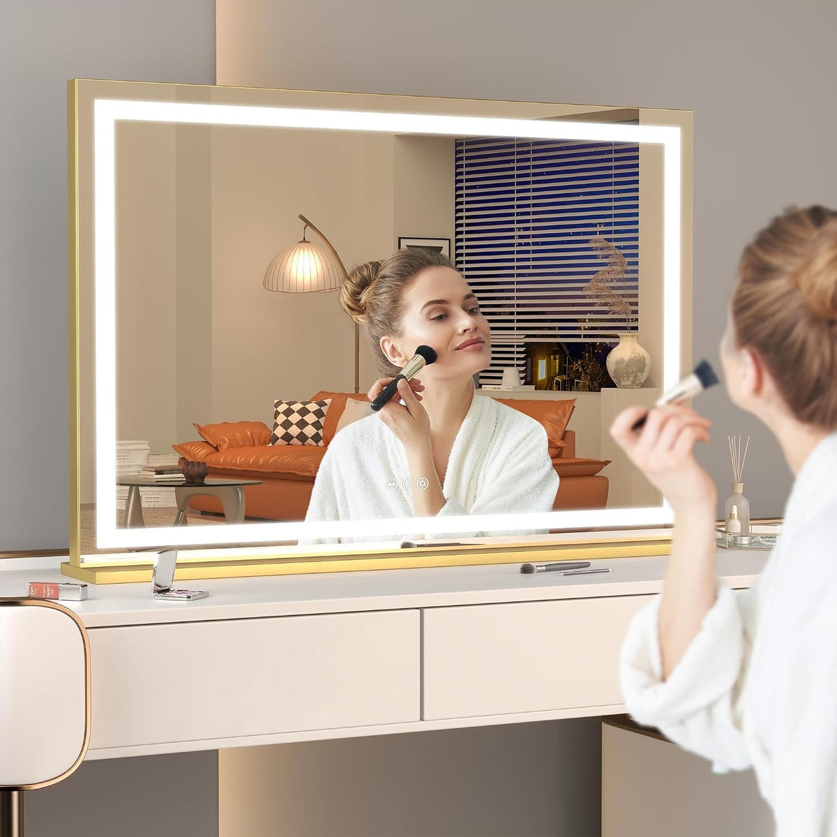 Vanity Makeup Mirror 23x18in LED 3 Light Modes Touch Control Gold Hasipu