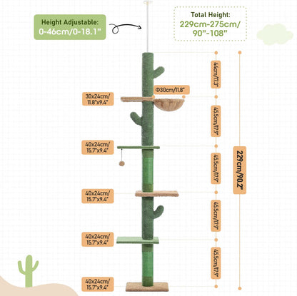 Cat Tree Scratching Tower 229-275cm 5 Tier Cactus Floor Ceiling Hammock Green