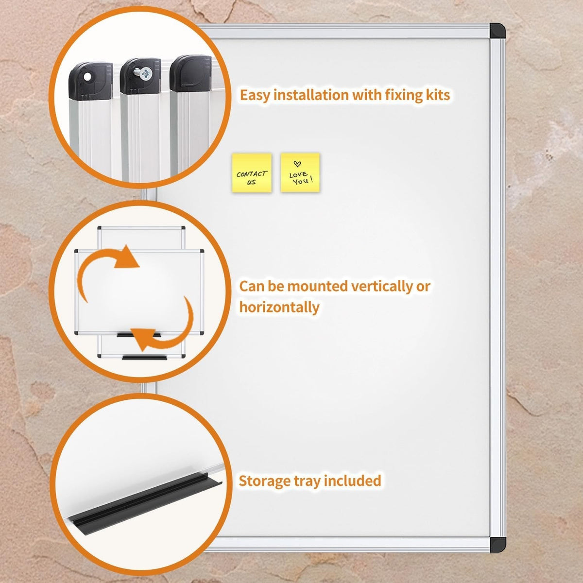 Magnetic Whiteboard Dry Erase Board 90x60cm Wall Mounted Aluminium Frame Tray