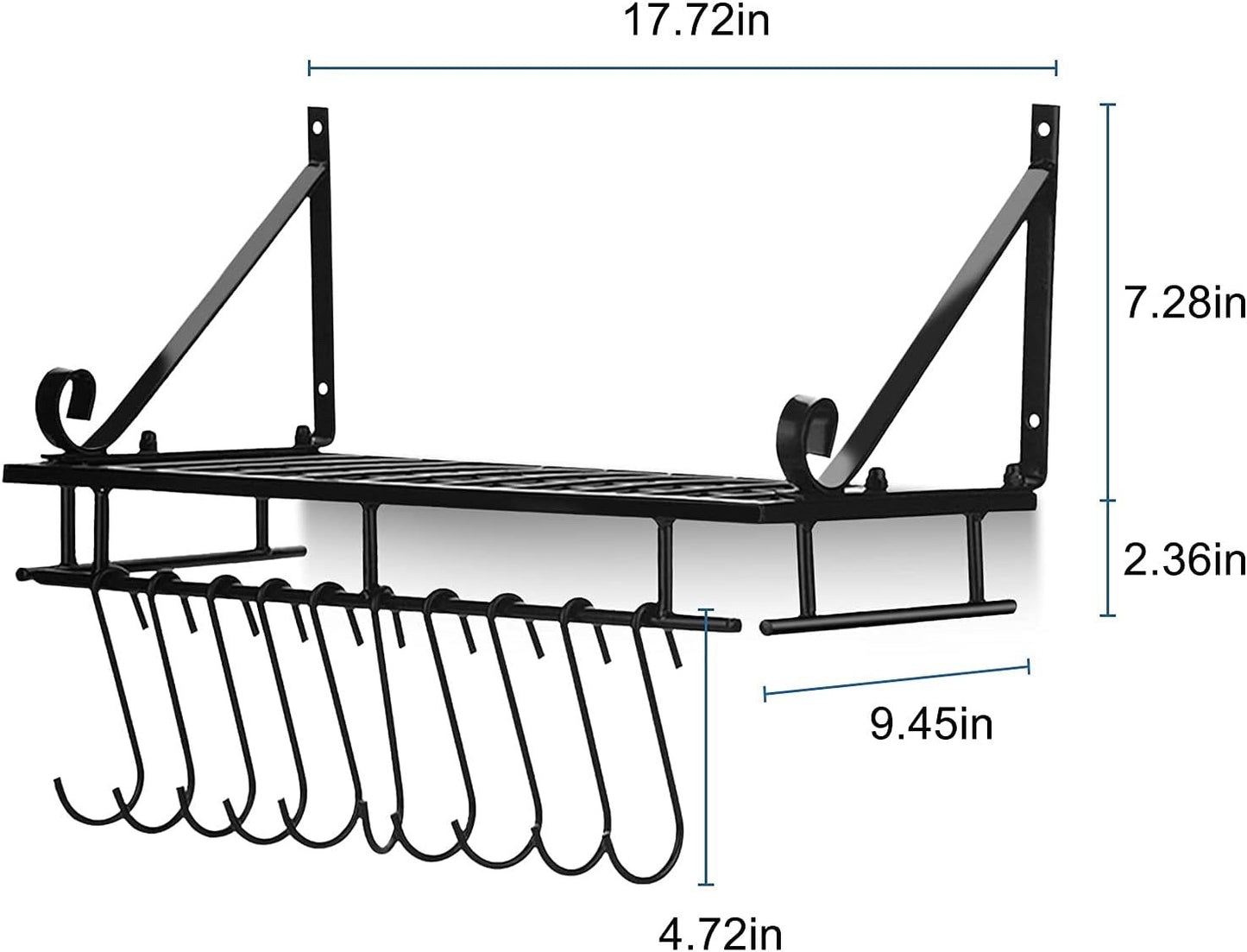 Metal Hanging Pan Pot Rack Wall Mounted With 10 Hook Holders Kitchen Storage