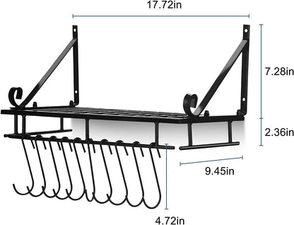 Metal Hanging Pan Pot Rack Wall Mounted With 10 Hook Holders Kitchen Storage