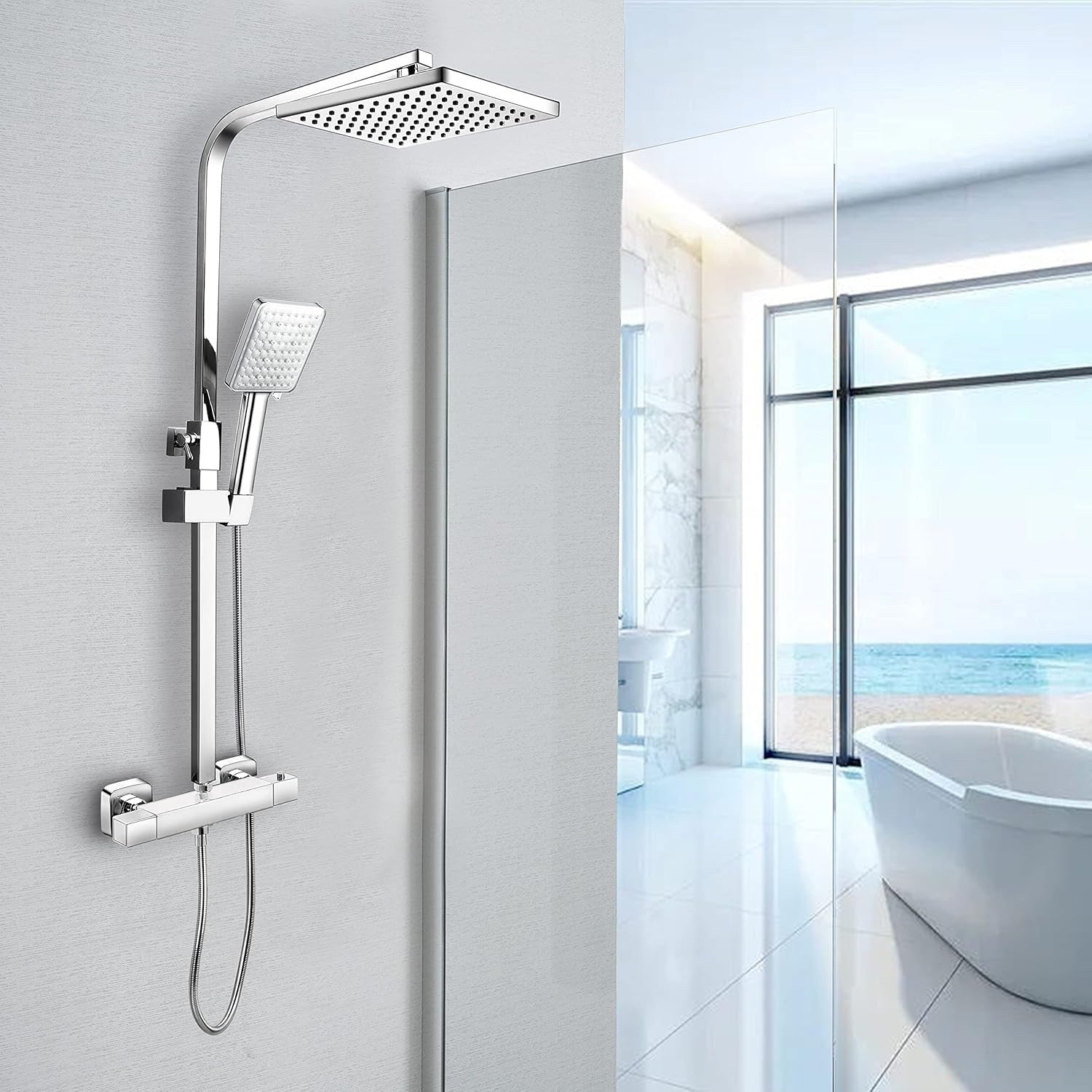 Thermostatic Shower Mixer Set Chrome Rainfall Riser Rail Anti Scald Bath Tap