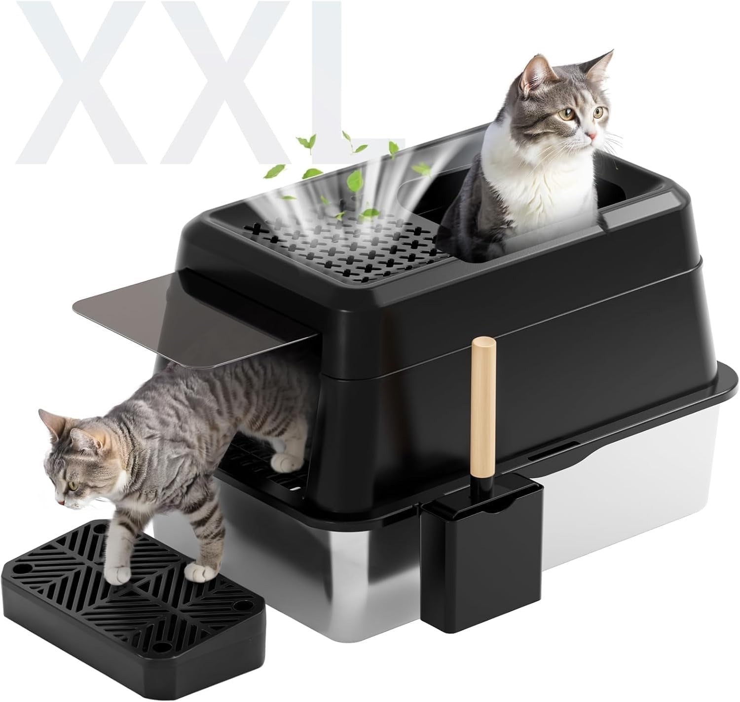 Cat Litter Tray Box XXL Stainless Steel 26L High Wall Leakproof Lid Scoop Black
