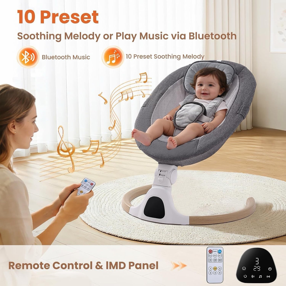 Baby Swing Chair Electric Bouncer Rocker Grey Bluetooth 5 Speeds Remote 0-6M