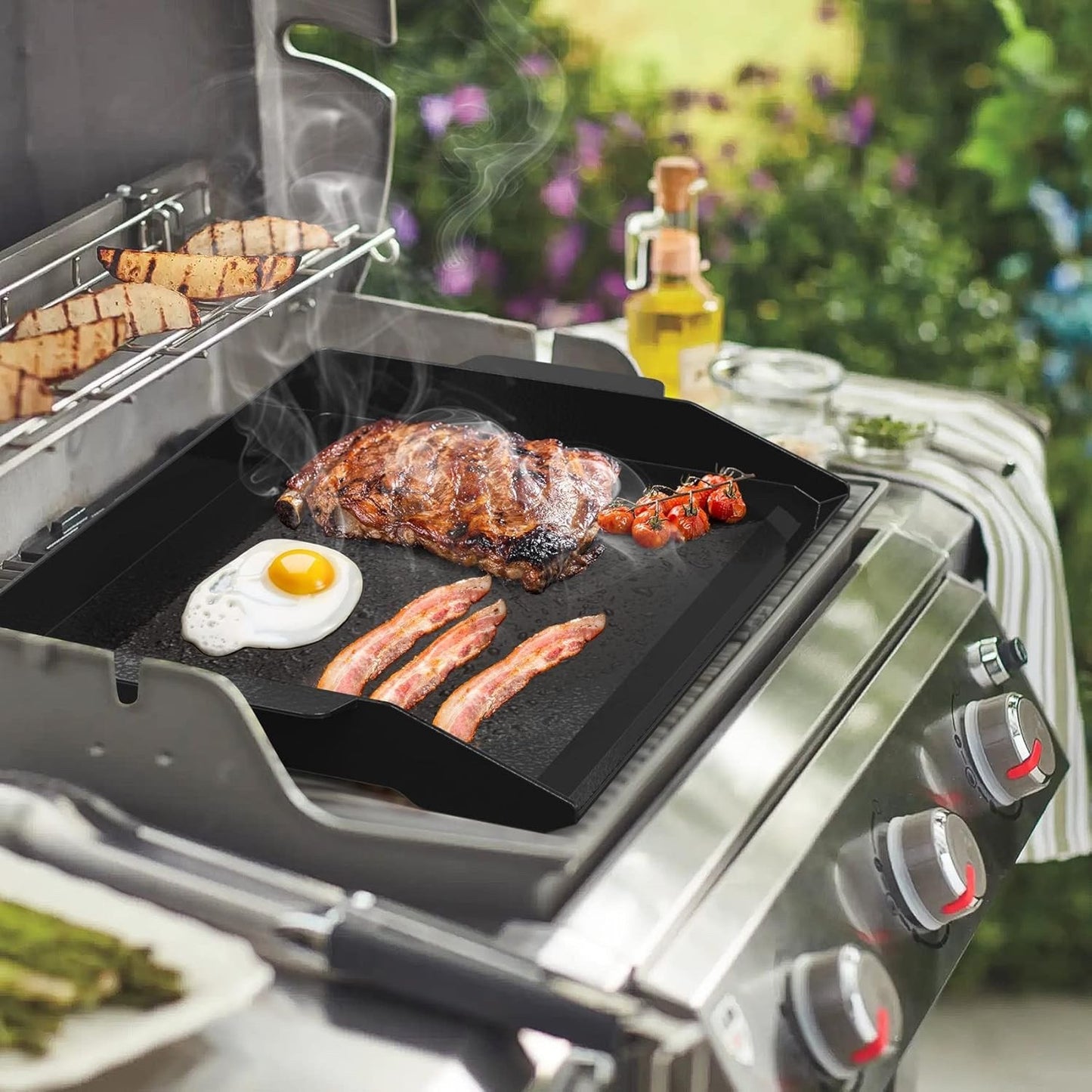 Cast Iron Griddle Plate BBQ Plancha Non Stick 23x16in Gas Grill Hob Raised Sides