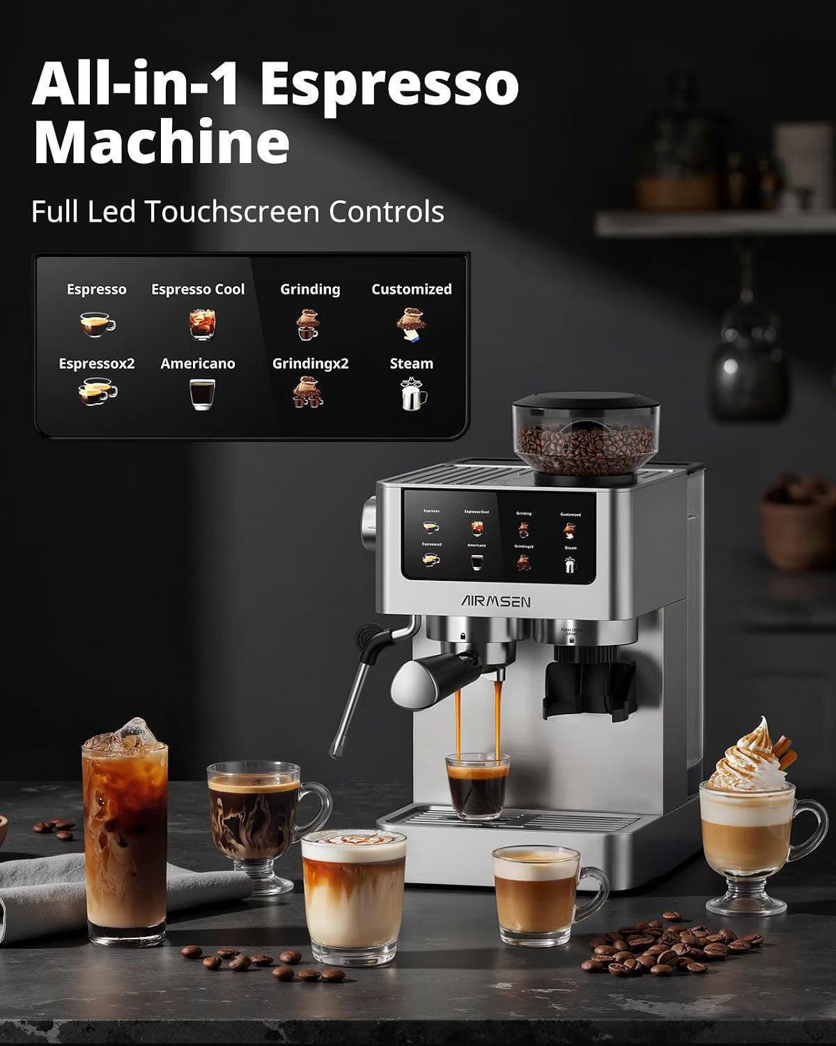 Bean To Cup Coffee Machine 20 Bar Grinder Milk Frother Touchscreen 1.8L 1350W