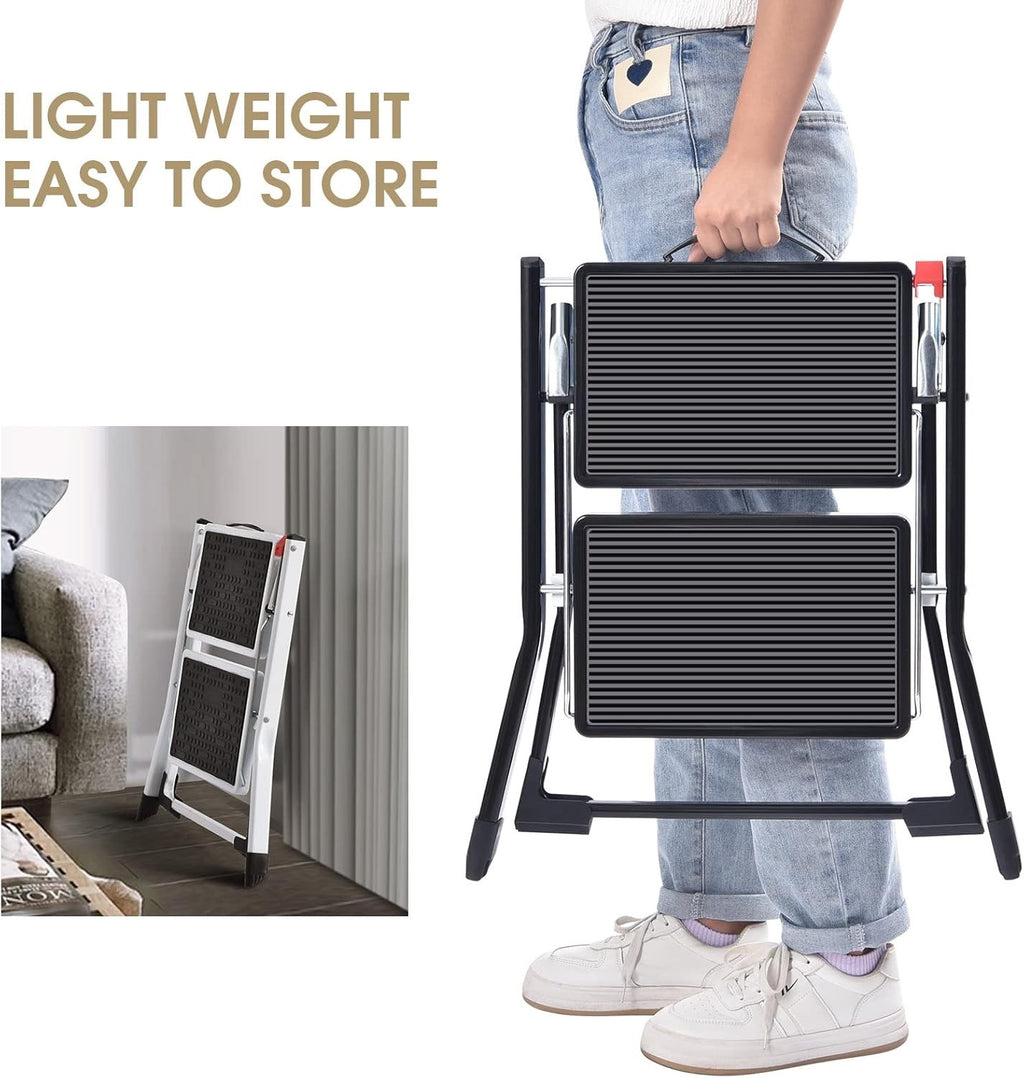 2 Step Folding Ladder Double Sided Step Stool w Handle Large Platform