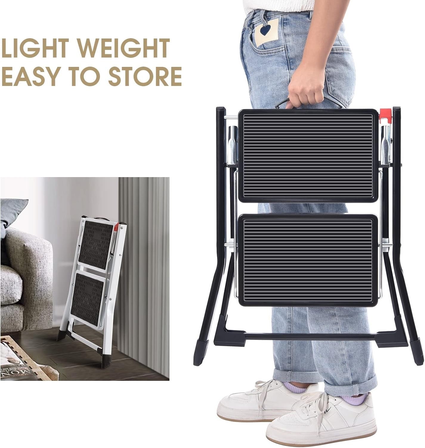 2 Step Folding Ladder Double Sided Step Stool w Handle Large Platform