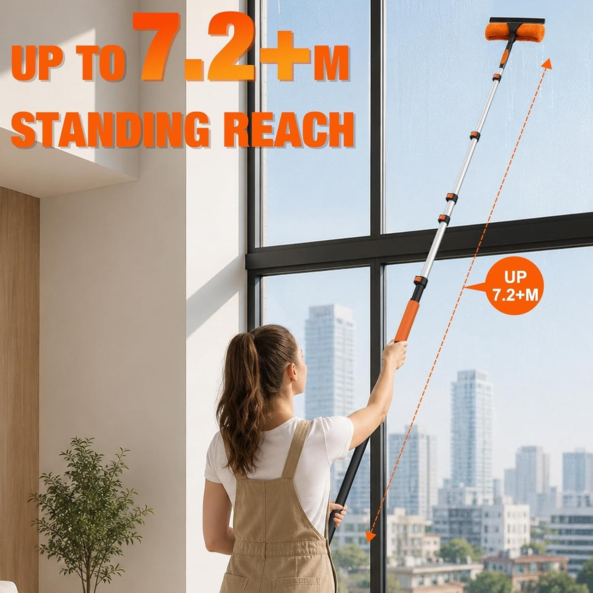 Window Cleaning Pole Telescopic 7.2m Extendable Squeegee 2 in 1 Microfibre Kit