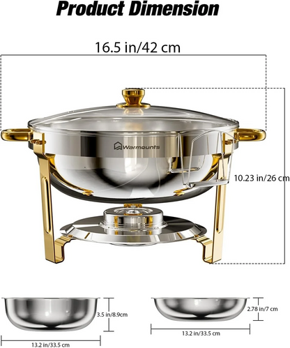 Chafing Dish Buffet Warmer 2 Pack 5L Round Stainless Steel Glass Lid Gold Set