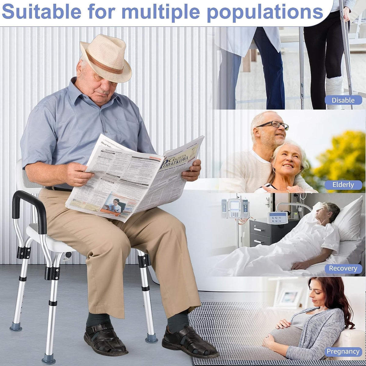 Shower Chair Bath Seat Stool Adjustable Height Non Slip Arms Backrest 150kg Grey