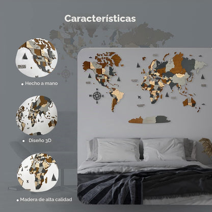 Wooden World Map Wall Art 3D Large 160x85cm Multicolour Travel Decor Birch