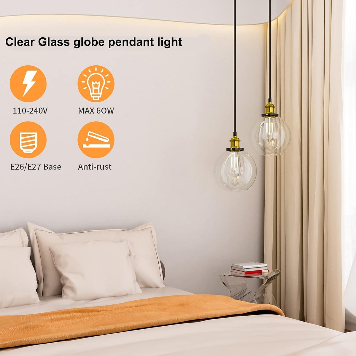 Pendant Ceiling Lights Glass Globe 2 Pack Clear 20cm E27 Vintage Kitchen Hanging