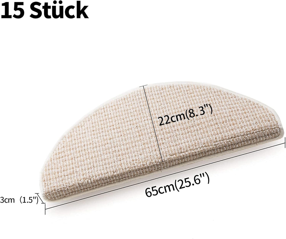 Carpet Stair Treads Non Slip 15 Pack 22x65cm Beige Bullnose Self Adhesive Mats