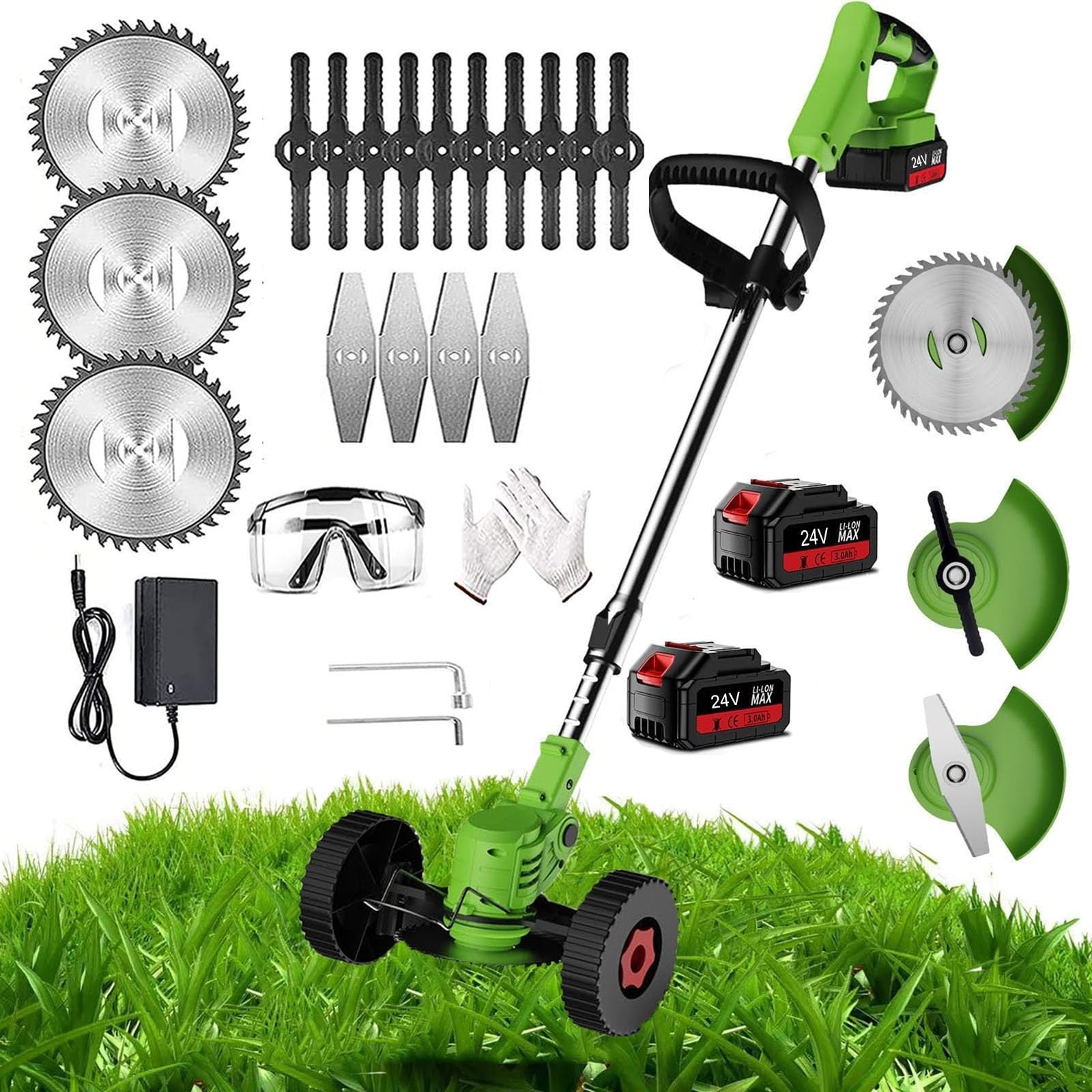 24V Cordless Strimmer Grass Trimmer Metal Blade with 3 Blades Fast Charger