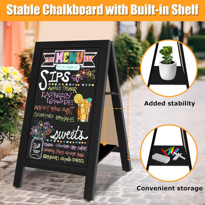 A-Frame Chalkboard Pavement Sign 45x85cm Double Sided Magnetic Wood Shelf VAIIGO