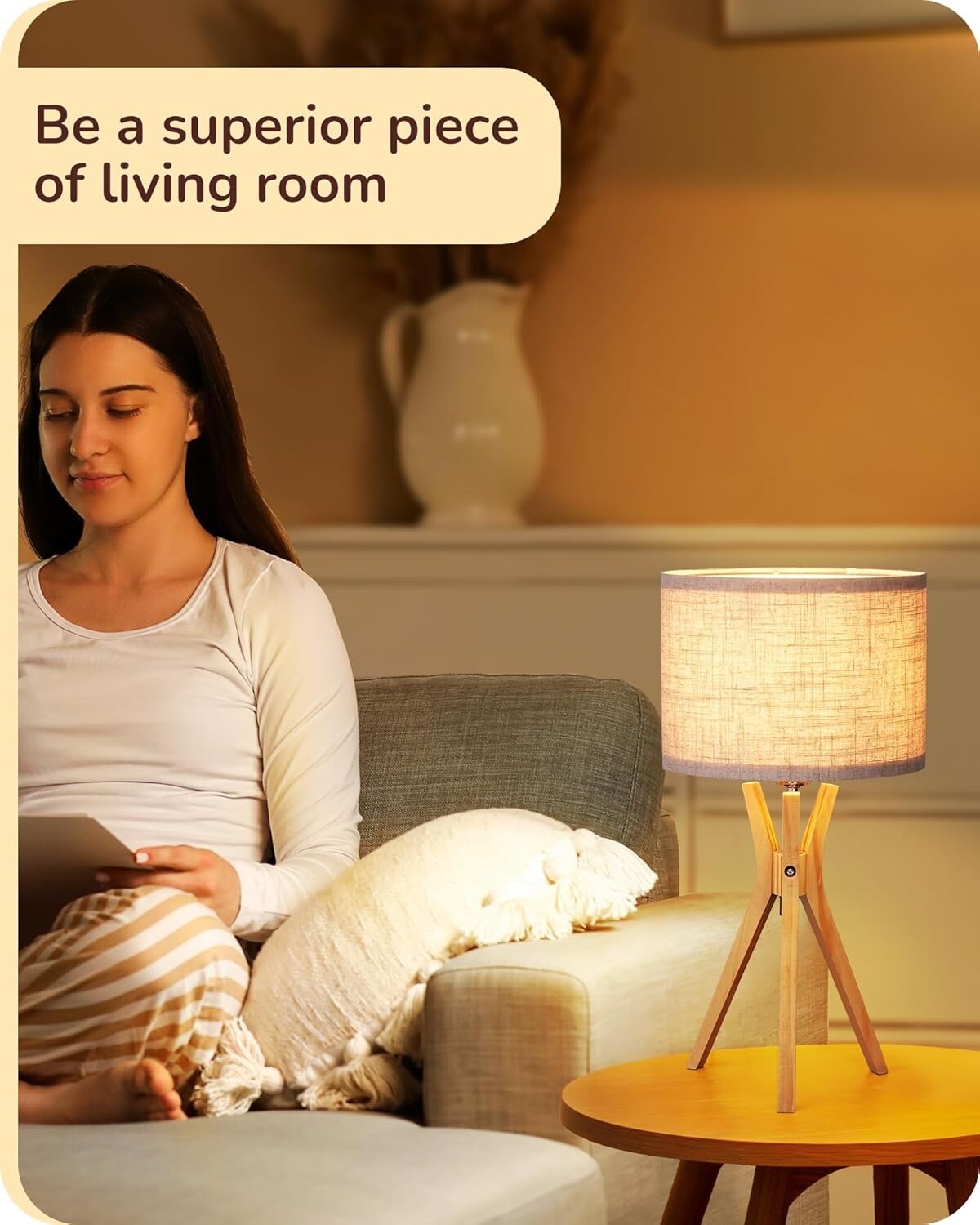 EDISHINE Modern Bedside Lamp, 46cm Tripod Table Lamp with Solid Wood Legs, Beige