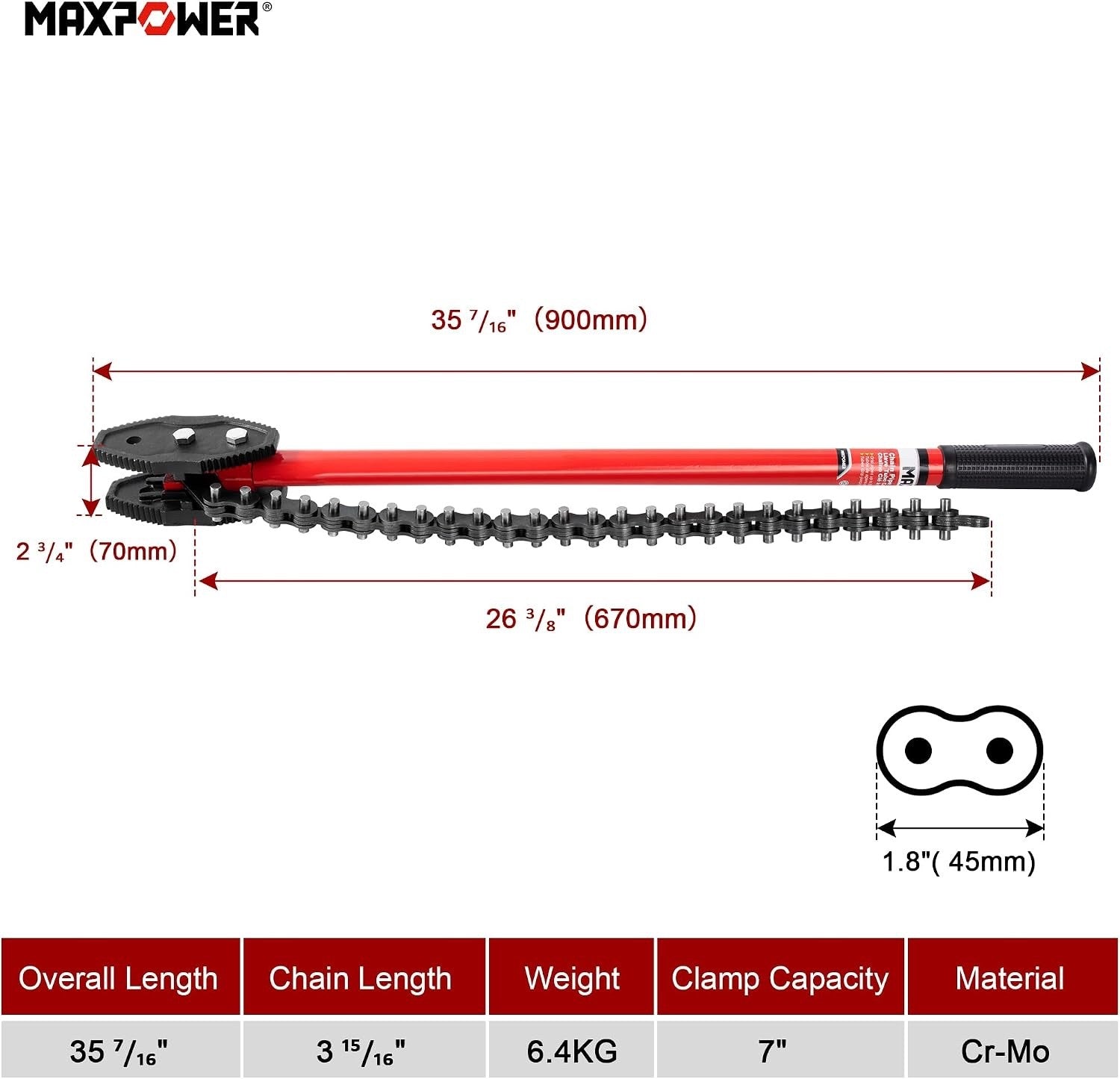 Chain Wrench Pipe Tool 35in Heavy Duty MAX 7in Grip Plumber Oil Filter Red
