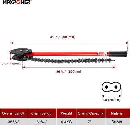 Chain Wrench Pipe Tool 35in Heavy Duty MAX 7in Grip Plumber Oil Filter Red
