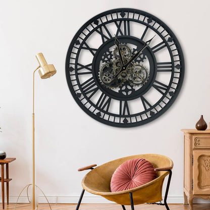 Large Wall Clock Moving Gears 60cm Black Metal Industrial Steampunk Vintage Deco