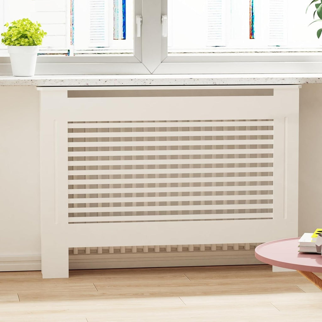 White MDF Radiator Cover 100cm Tall Modern Slatted Heater Cabinet Shelf