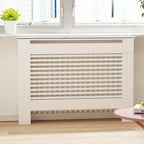 White MDF Radiator Cover 100cm Tall Modern Slatted Heater Cabinet Shelf
