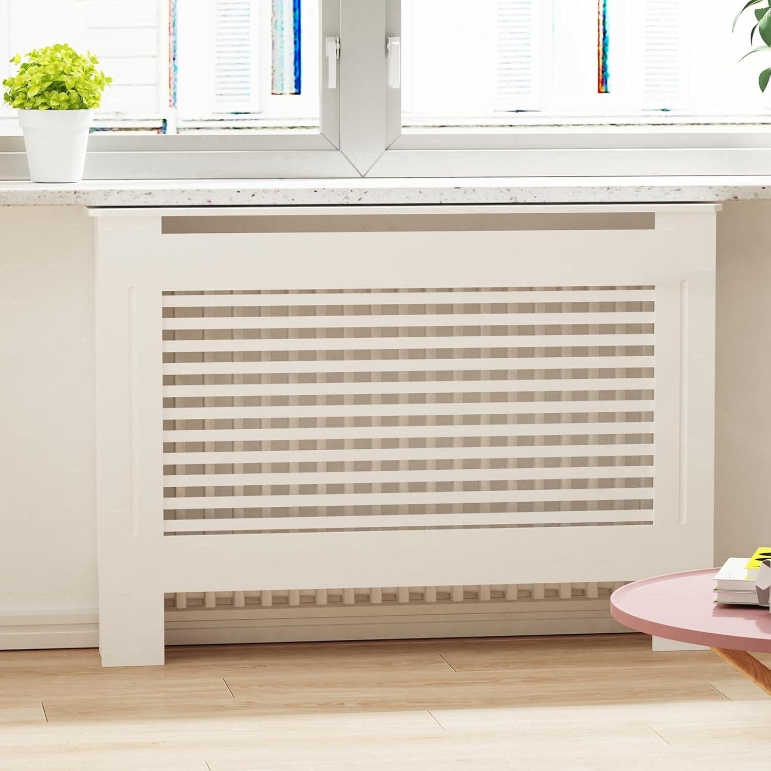 White MDF Radiator Cover 100cm Tall Modern Slatted Heater Cabinet Shelf