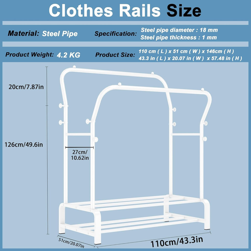 SMILOVII Heavy Duty Clothes Rail with Metal Double Coat Stand Rack White