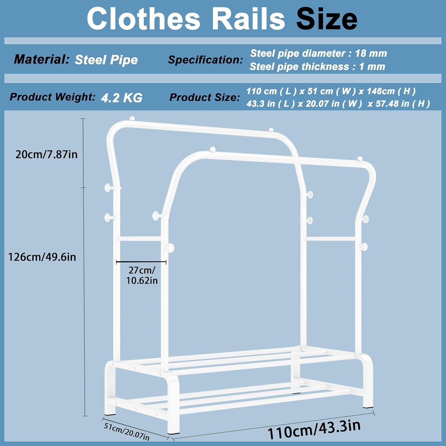 SMILOVII Heavy Duty Clothes Rail with Metal Double Coat Stand Rack White