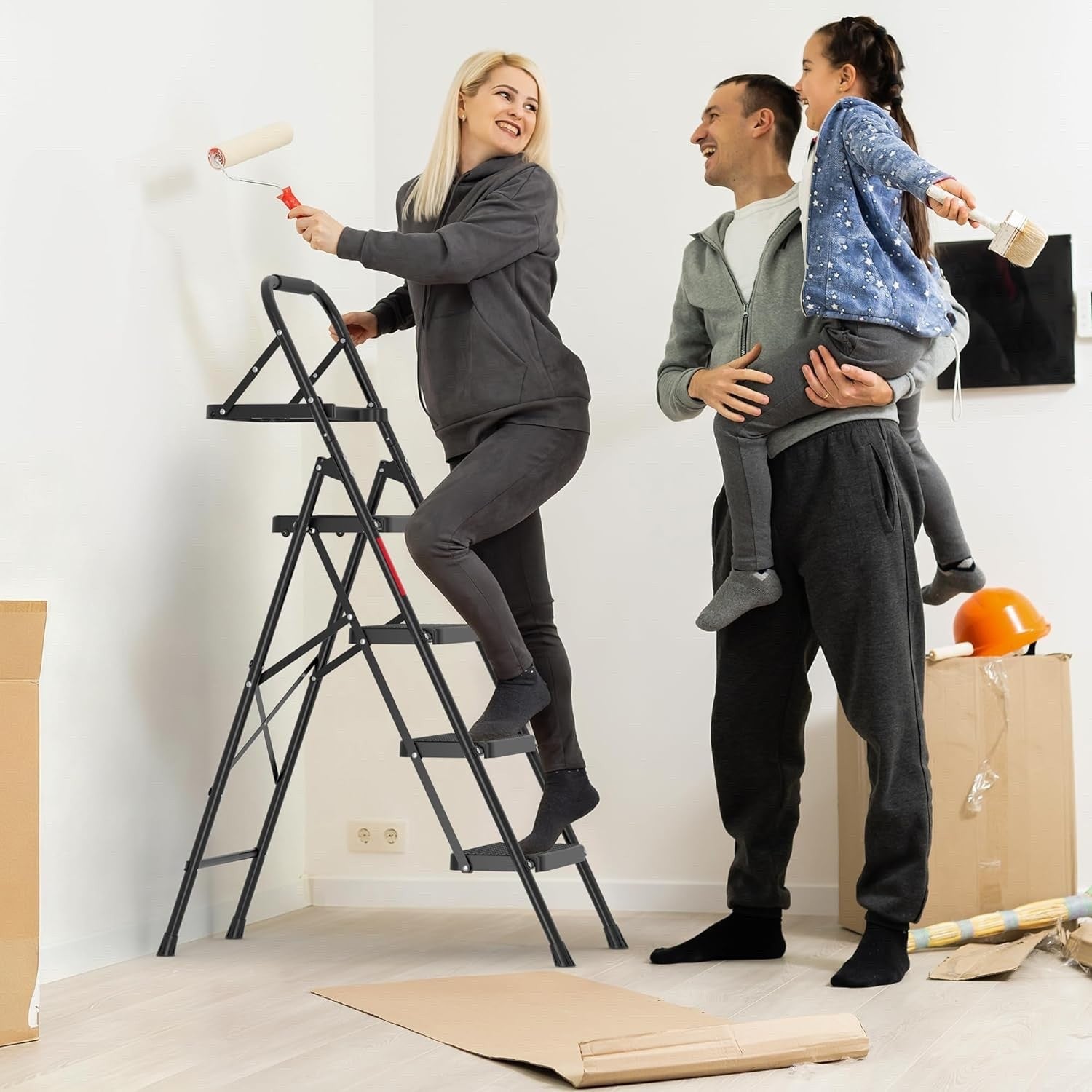 4 Step Ladder Folding Non Slip 150kg Capacity Steel Home Kitchen Indoor