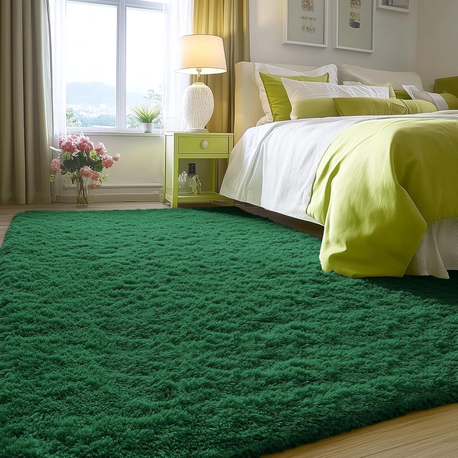 Large Shaggy Rug 200x280cm Dark Green Washable Non Slip Soft Bedroom Carpet