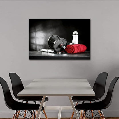 Gym Wall Art Canvas Dumbbells Fitness Print Framed 36x24in Black Workout Decor