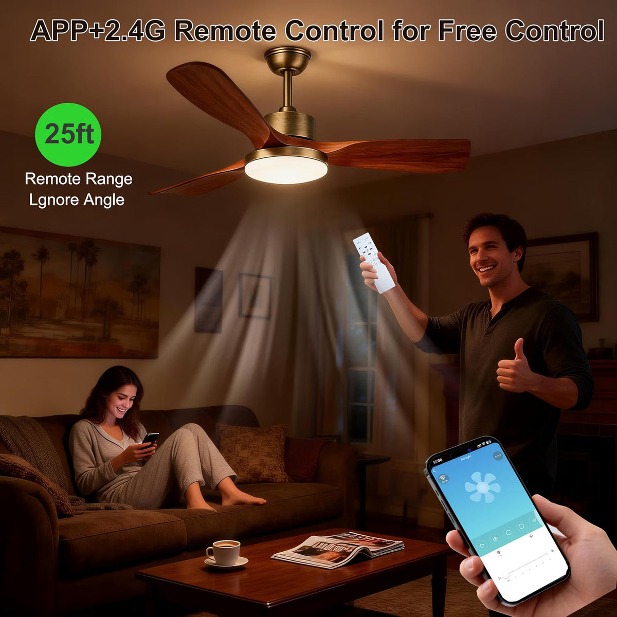 Ceiling Fan Light Smart 52in 3600LM Dimmable 3CCT Remote App 6 Speed Bronze