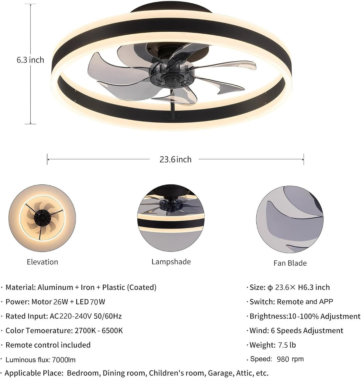 Ceiling Fan Light 60cm 6 Speed Remote Dimmable LED Reversible Quiet White Modern