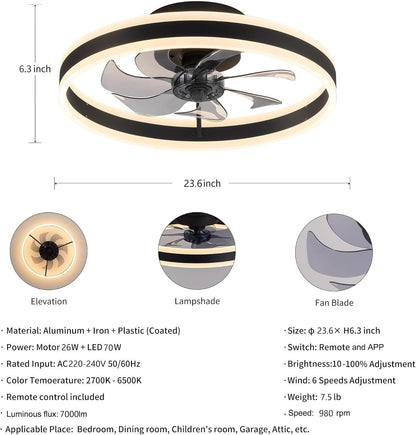 Ceiling Fan Light 60cm 6 Speed Remote Dimmable LED Reversible Quiet White Modern