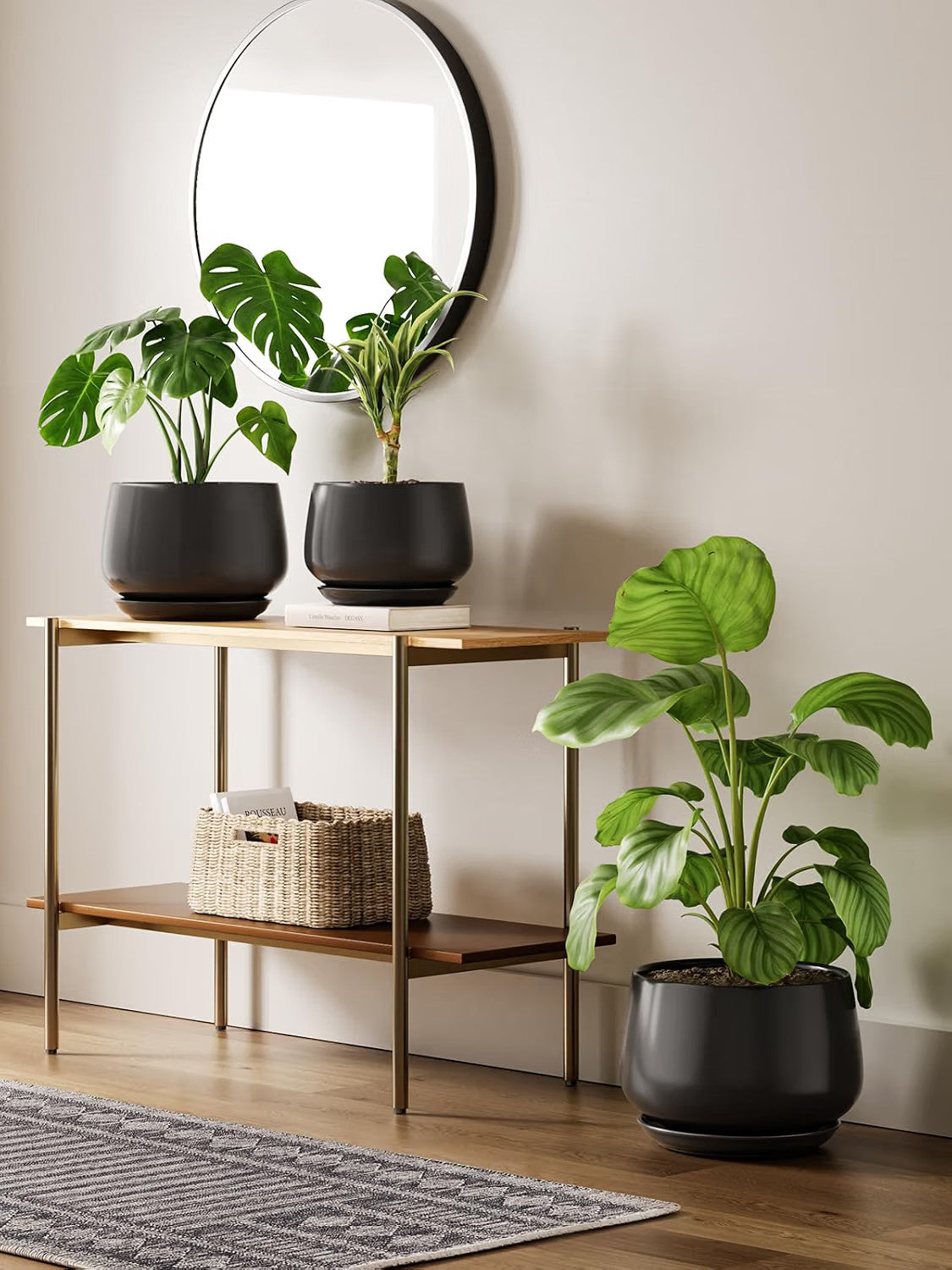 Ceramic Plant Pot 30cm Black Indoor Planter Drainage Hole Saucer Modern