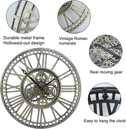Wall Clock Oversized Industrial Steampunk 60CM Vintage Bronze Moving Gears Roman