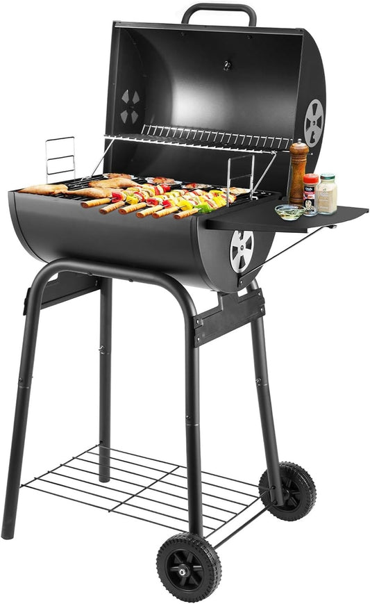 Charcoal BBQ Grill Smoker Portable Barrel Barbecue Thermometer Shelves Garden