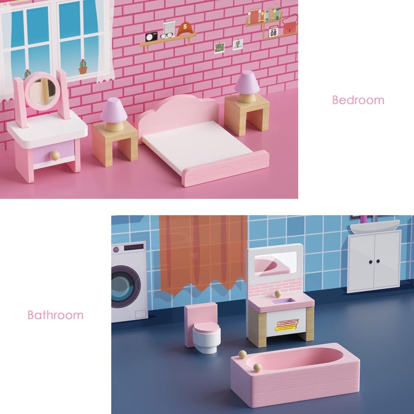 Dollhouse Furniture Set Wooden 22pcs 5 Room Miniature 1:12 Kids Toy Pink