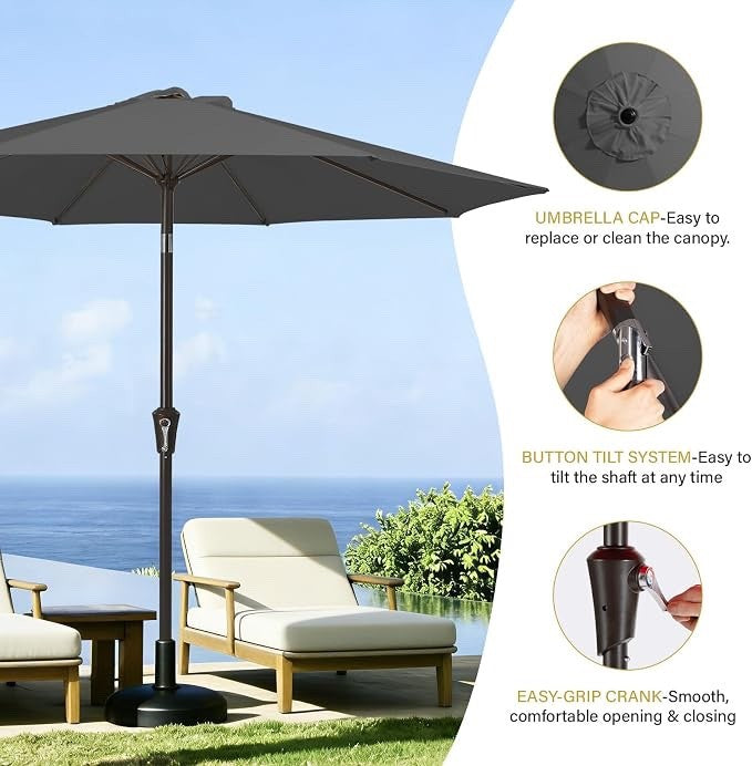 Garden Parasol 2.7m Grey Patio Umbrella UPF50+ Tilt Steel 8 Rib UV Sun Shade