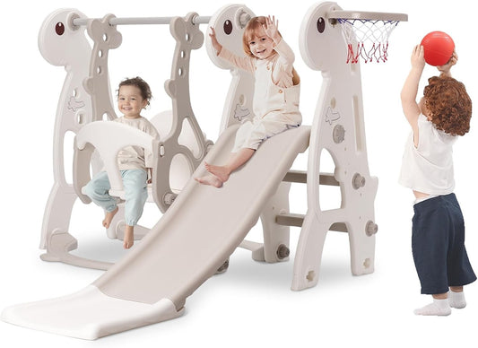 Kids Slide Swing Set Indoor Climber Playset Adjustable Swing Hoop Beige