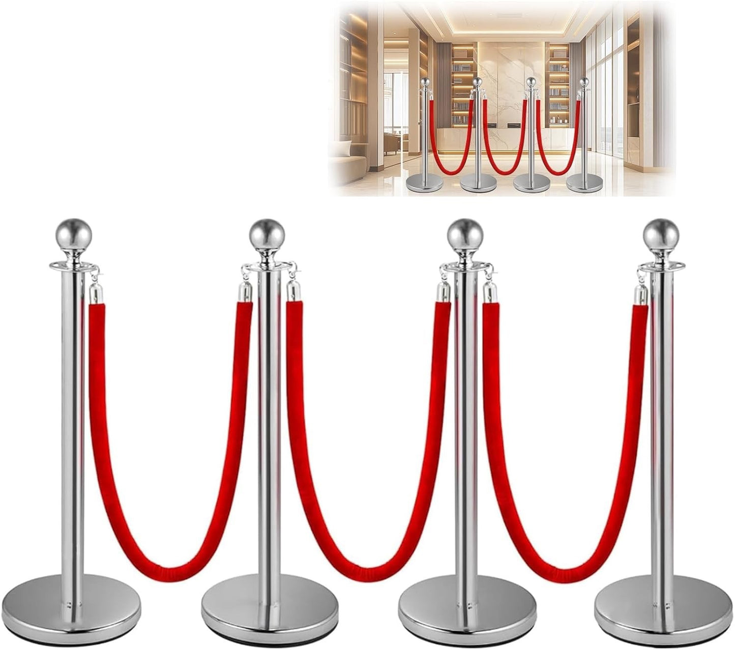 4Pcs Stainless Steel Stanchion Posts Queue Set Red Velvet Rope Crowd Control