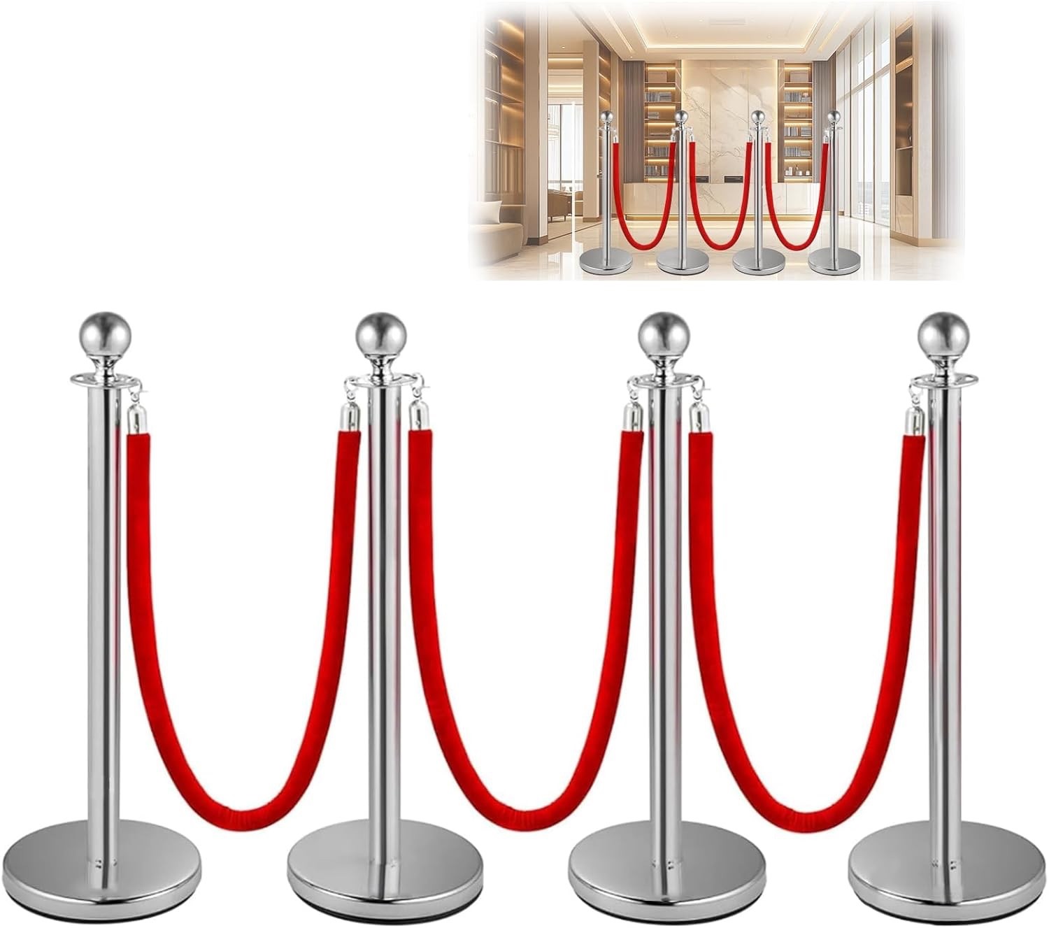 4Pcs Stainless Steel Stanchion Posts Queue Set Red Velvet Rope Crowd Control