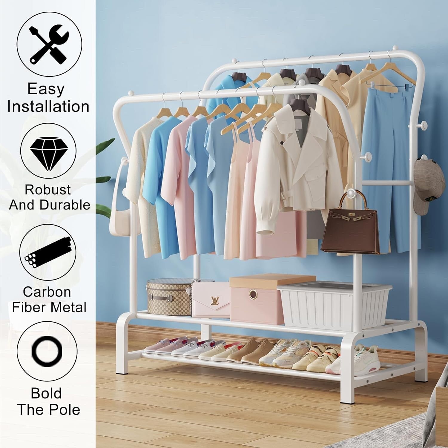 SMILOVII Heavy Duty Clothes Rail with Metal Double Coat Stand Rack White