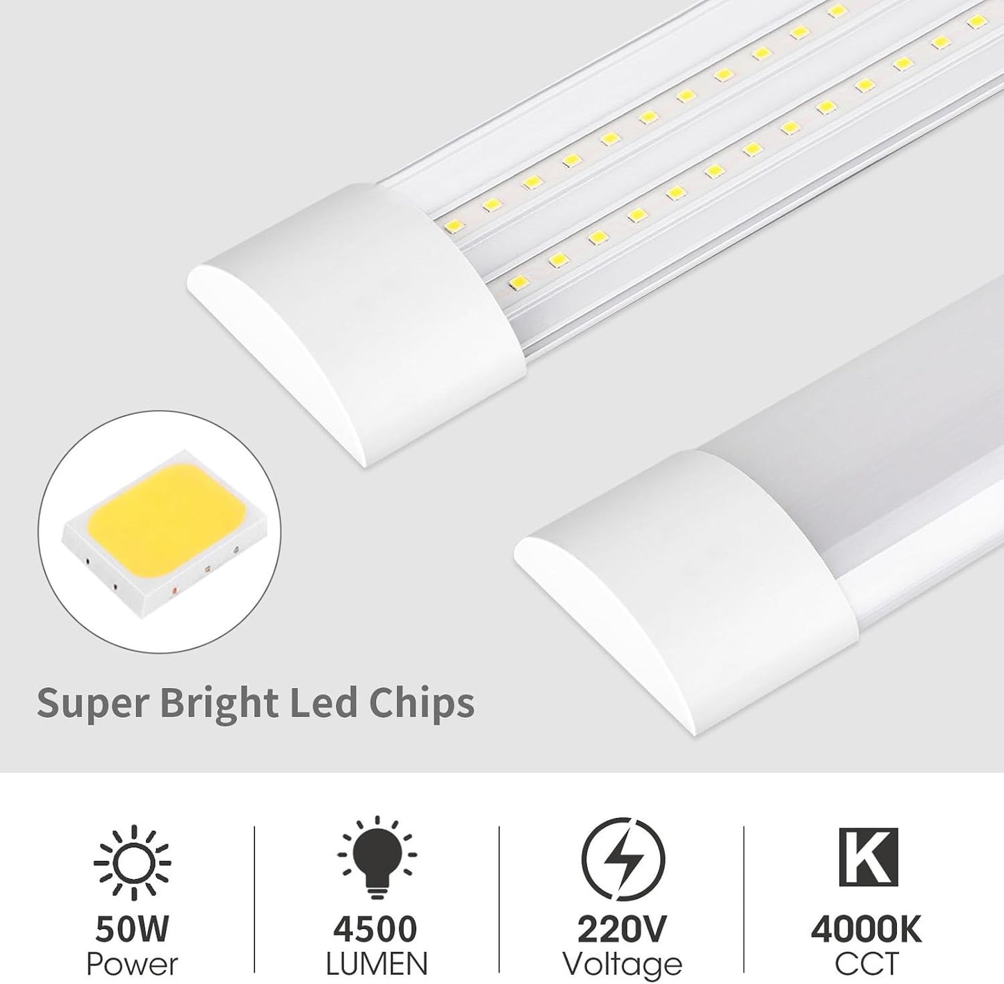 LED Batten Lights 5FT 2 Pack 50W 4500LM 4000K Ceiling Garage Workshop Strip