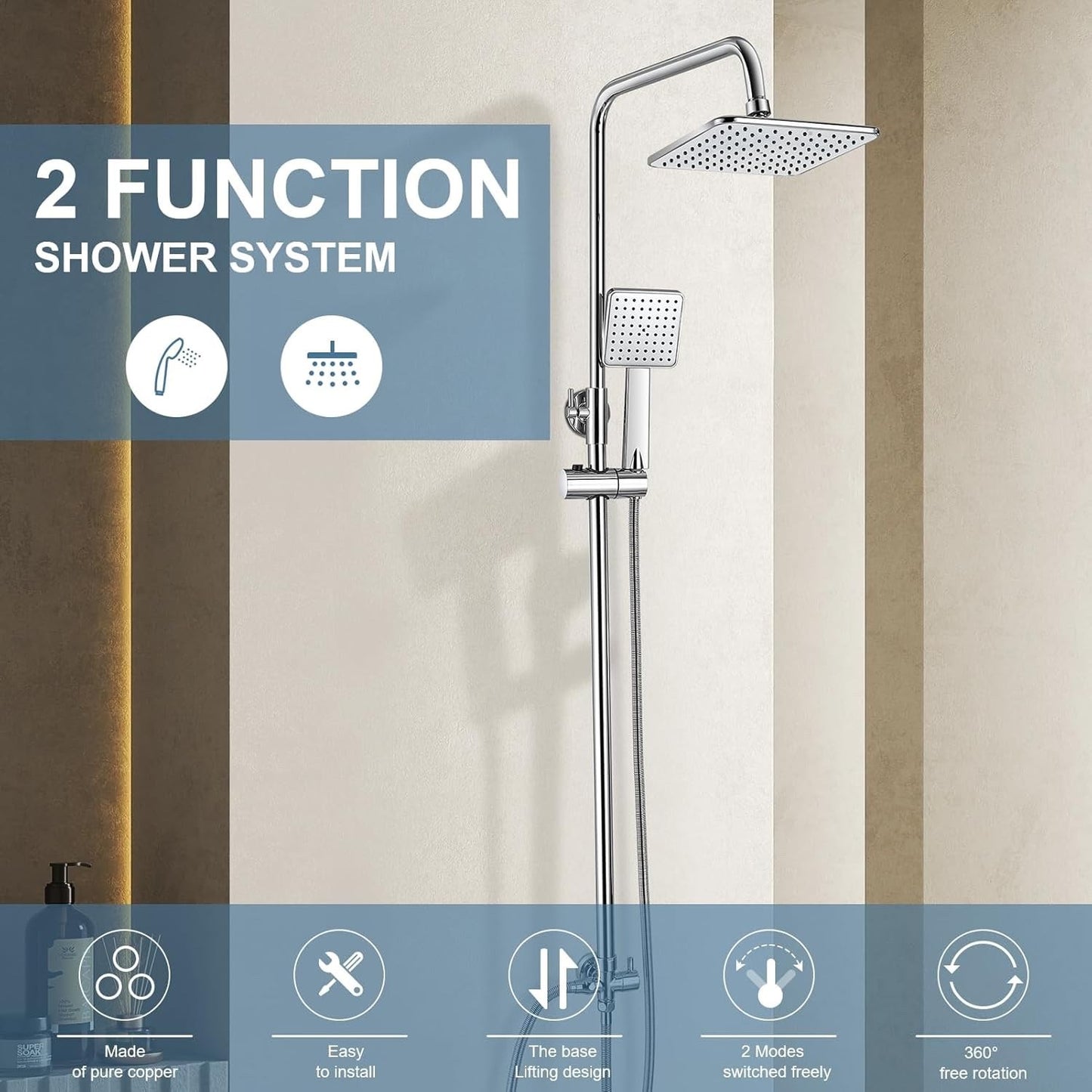 Shower Riser Rail Kit Rainfall Head Handheld Chrome Bathroom Mixer Set Hose