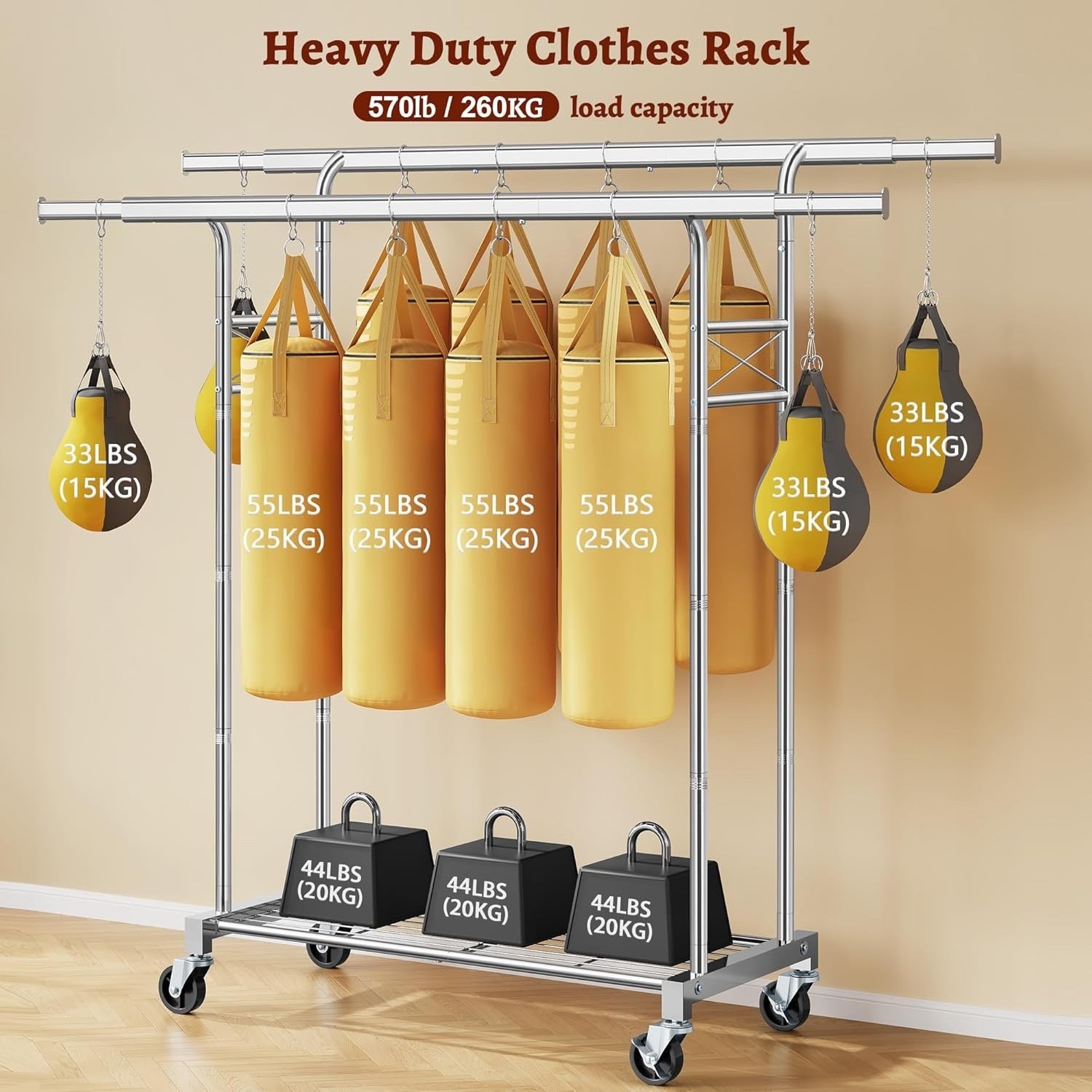 Clothes Rail Heavy Duty Double Rod Extendable Rack Storage Shelves Silver 190cm