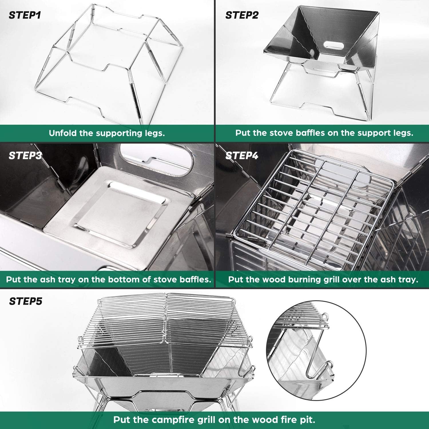 Odoland Portable Collapsible Campfire Grill Fire Pit 304 Stainless Steel Outdoor