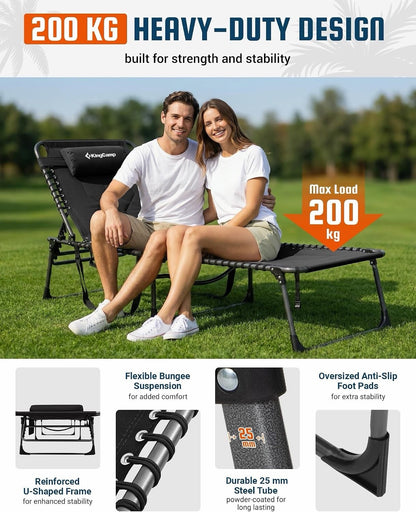 Sun Lounger Garden Recliner Folding Padded Black 200x68cm KingCamp XL 1 Pack