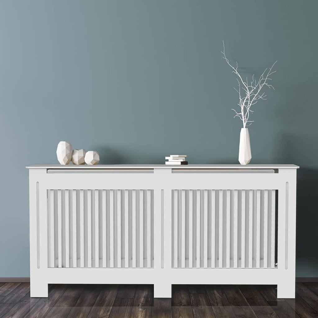 Tall White MDF Radiator Cover 100cm Internal Height Slatted Cabinet Shelf